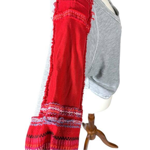 We The Free Red Grey Bubble Waffle Tee with Embroidered Sleeves S - Picture 6 of 8